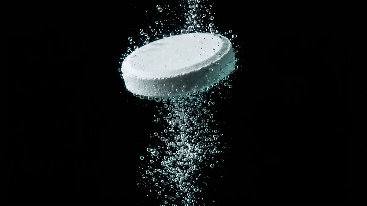 An effervescent tablet sinking through water as fizz rises